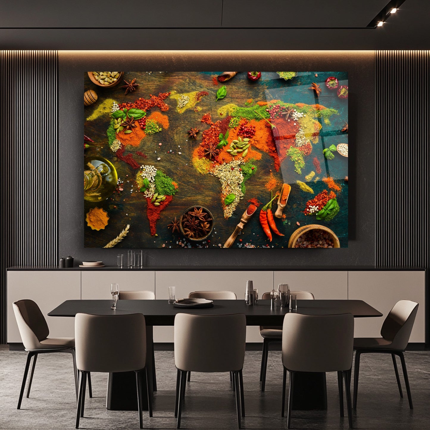 Baharatlarla Dünya Haritası Cam Tablo