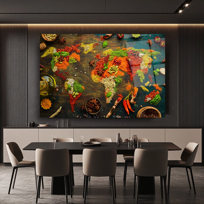 Baharatlarla Dünya Haritası Cam Tablo