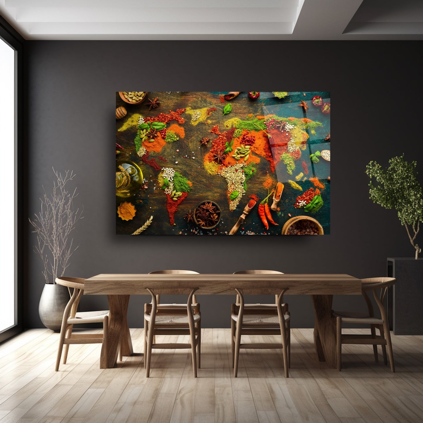 Baharatlarla Dünya Haritası Cam Tablo