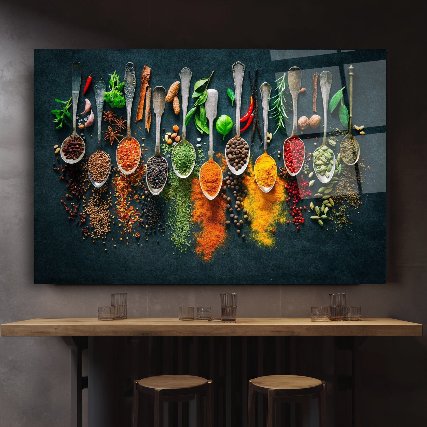 Kaşıklı Renkli Baharatlar Cam Tablo