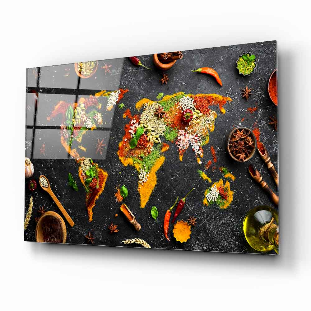 Baharatlı Dünya Haritası Cam Tablo