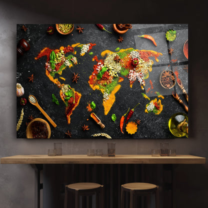 Baharatlı Dünya Haritası Cam Tablo