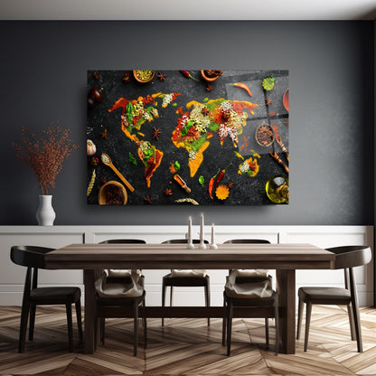 Baharatlı Dünya Haritası Cam Tablo