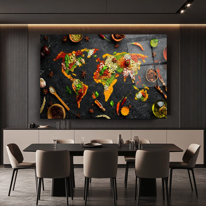 Baharatlı Dünya Haritası Cam Tablo