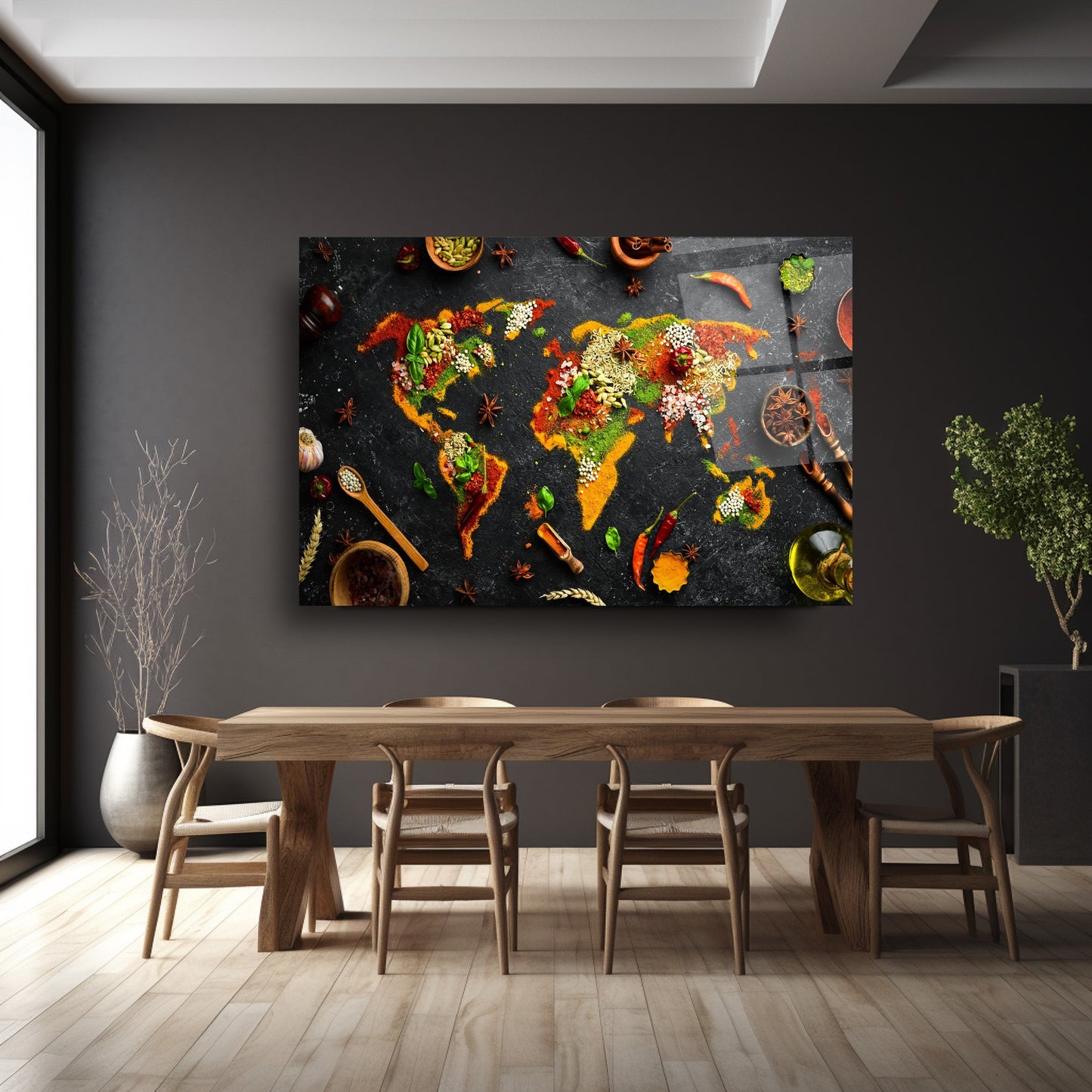 Baharatlı Dünya Haritası Cam Tablo