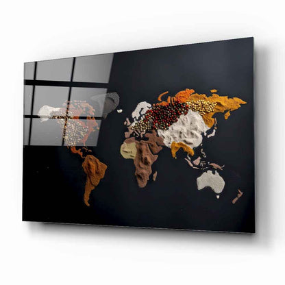 Baharatlarla Dünya Haritası Cam Tablo
