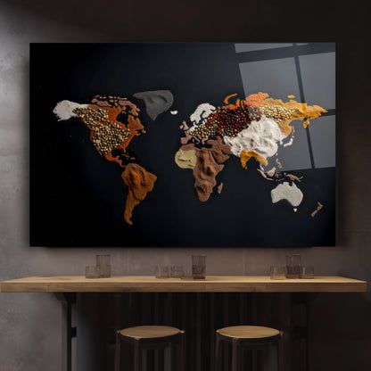 Baharatlarla Dünya Haritası Cam Tablo