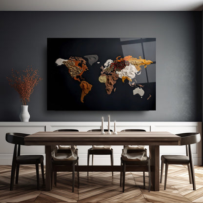 Baharatlarla Dünya Haritası Cam Tablo