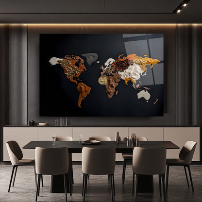 Baharatlarla Dünya Haritası Cam Tablo