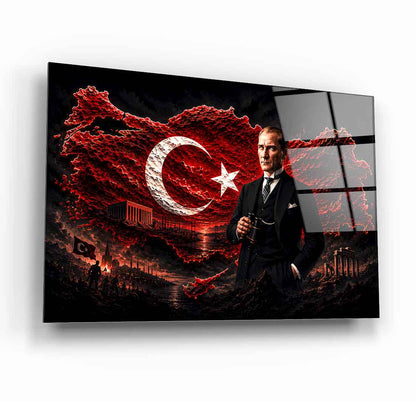 Atatürk ve Bayraklı Türkiye Haritası Cam Tablo
