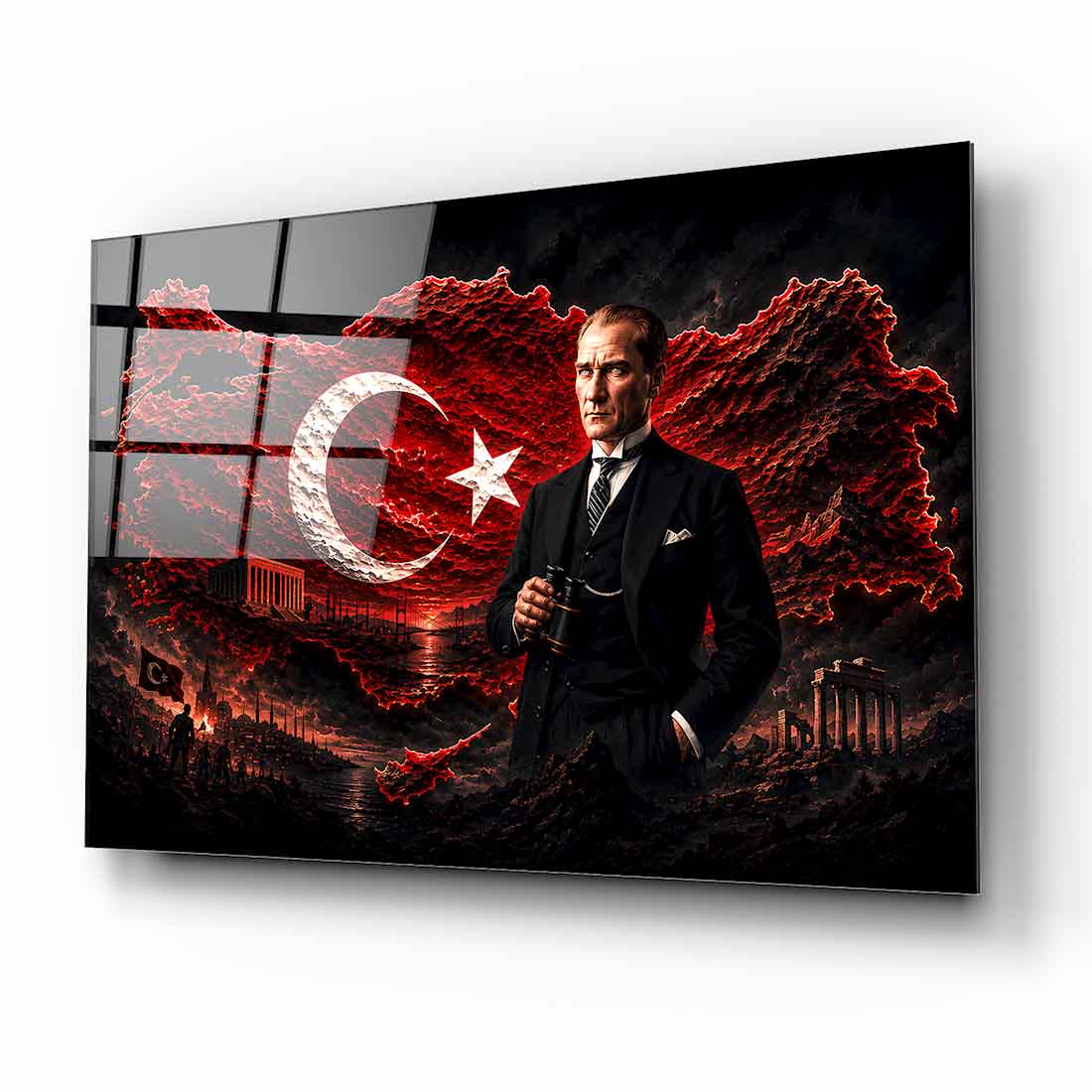Atatürk ve Bayraklı Türkiye Haritası Cam Tablo