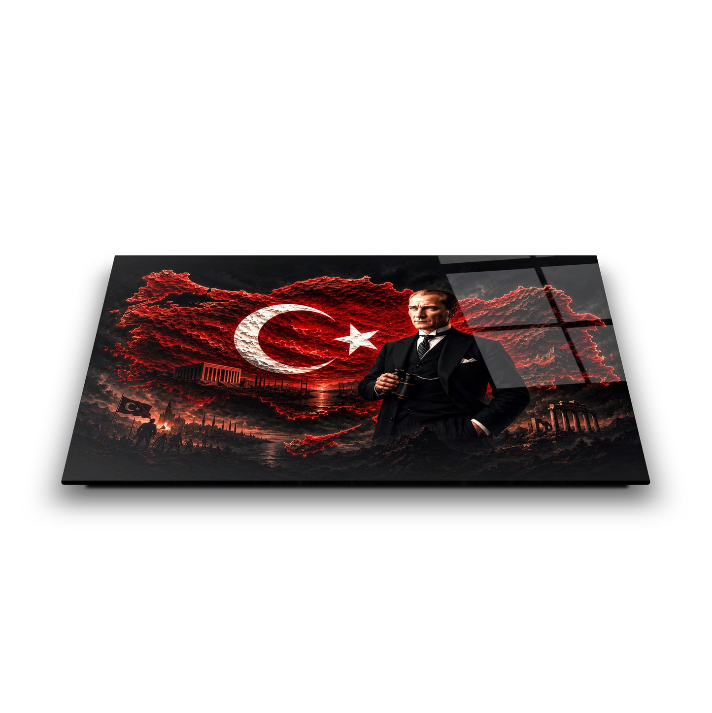 Atatürk ve Bayraklı Türkiye Haritası Cam Tablo