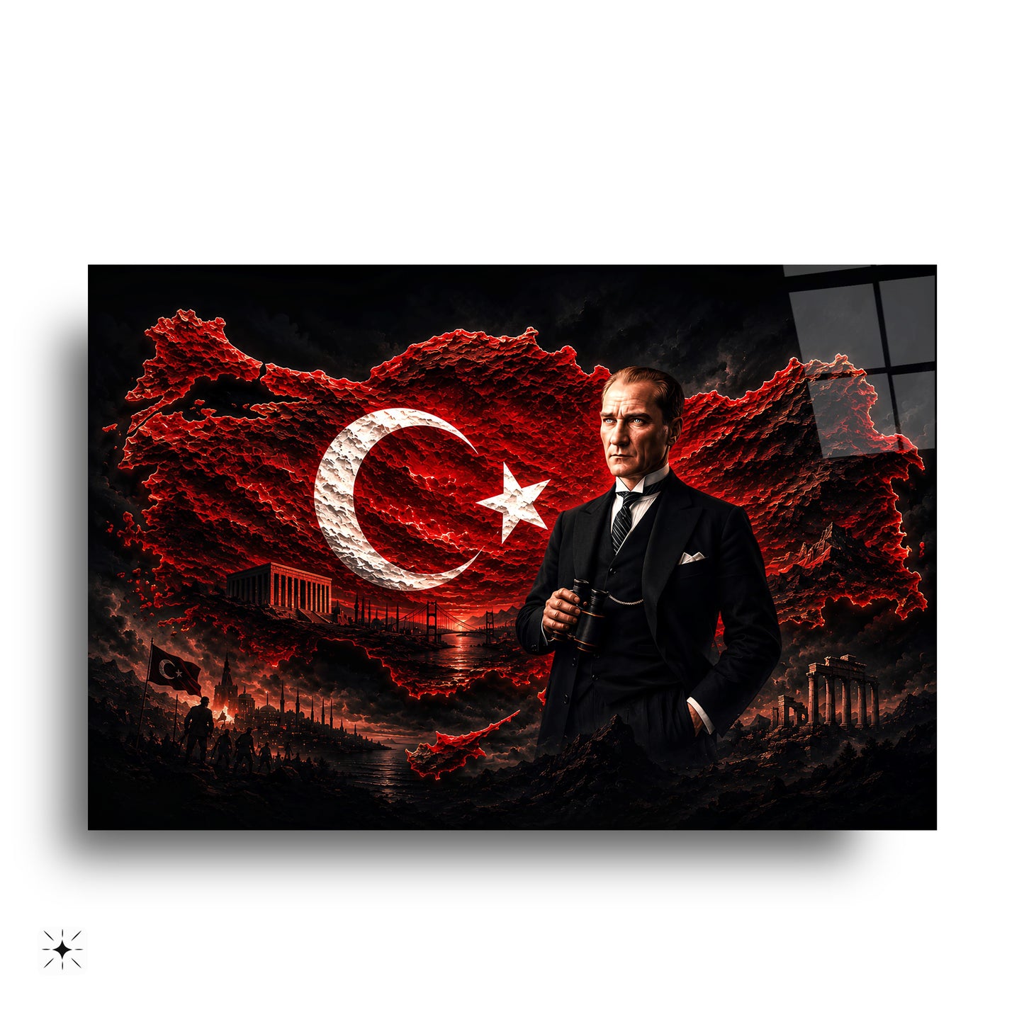 Atatürk ve Bayraklı Türkiye Haritası Cam Tablo