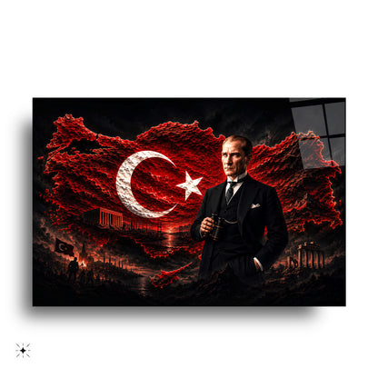 Atatürk ve Bayraklı Türkiye Haritası Cam Tablo