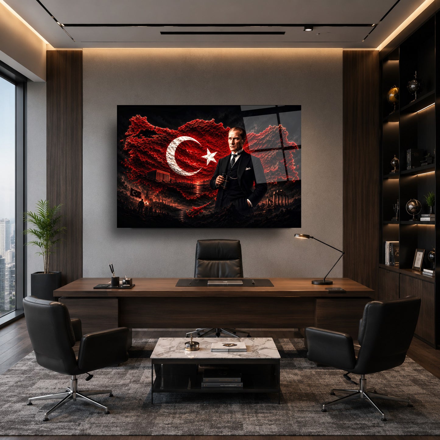 Atatürk ve Bayraklı Türkiye Haritası Cam Tablo