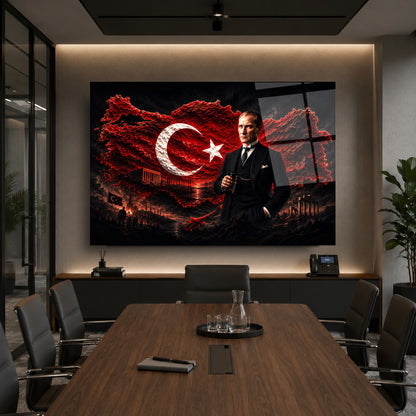Atatürk ve Bayraklı Türkiye Haritası Cam Tablo