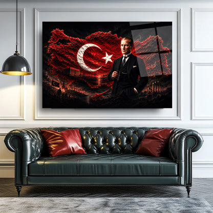 Atatürk ve Bayraklı Türkiye Haritası Cam Tablo