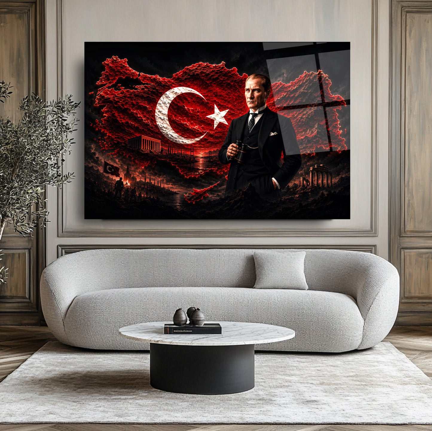 Atatürk ve Bayraklı Türkiye Haritası Cam Tablo