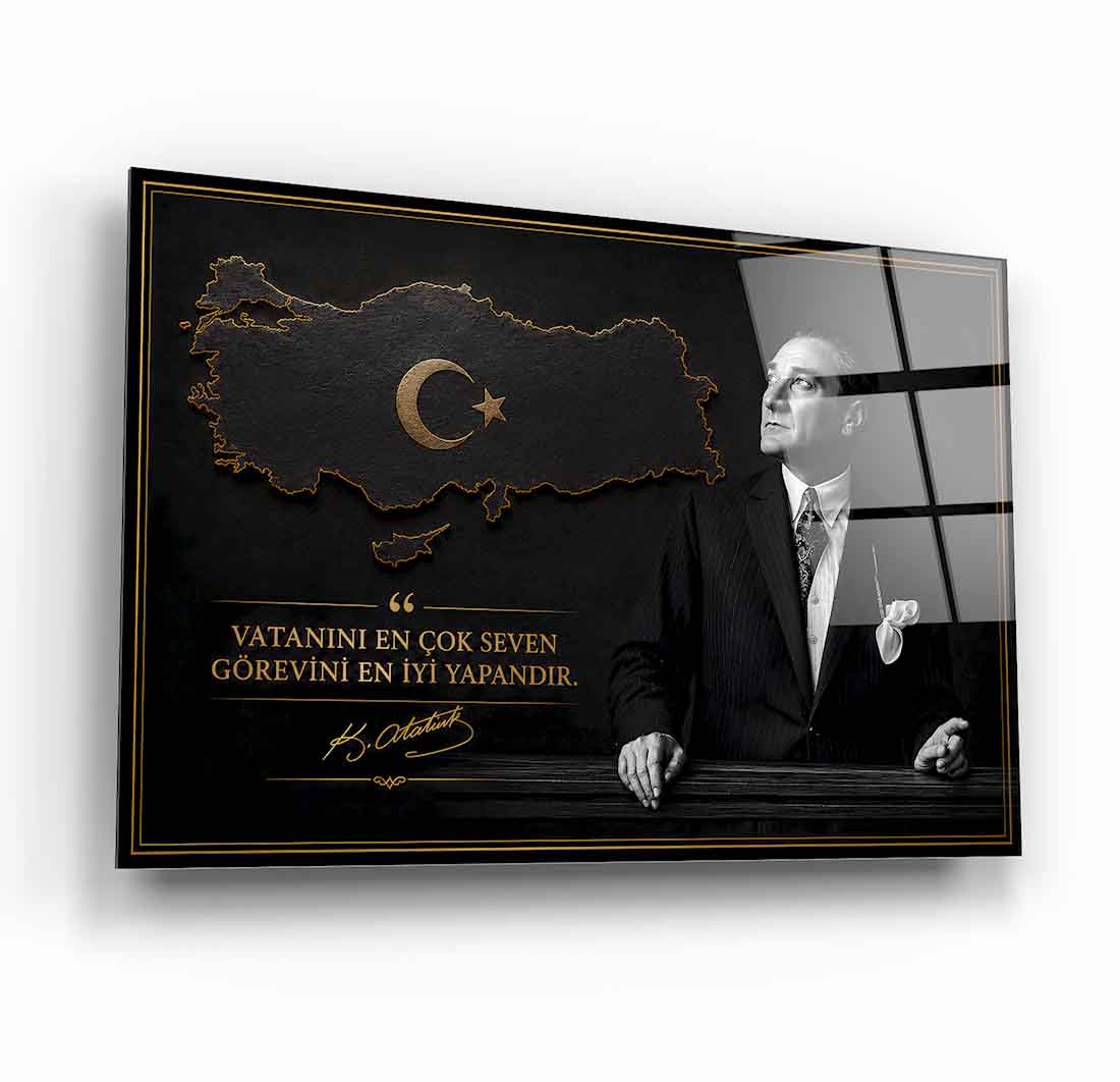 Atatürk Sözlü Siyah Türkiye Haritası Cam Tablo