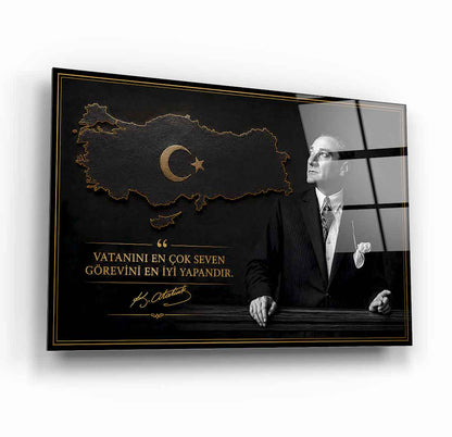 Atatürk Sözlü Siyah Türkiye Haritası Cam Tablo