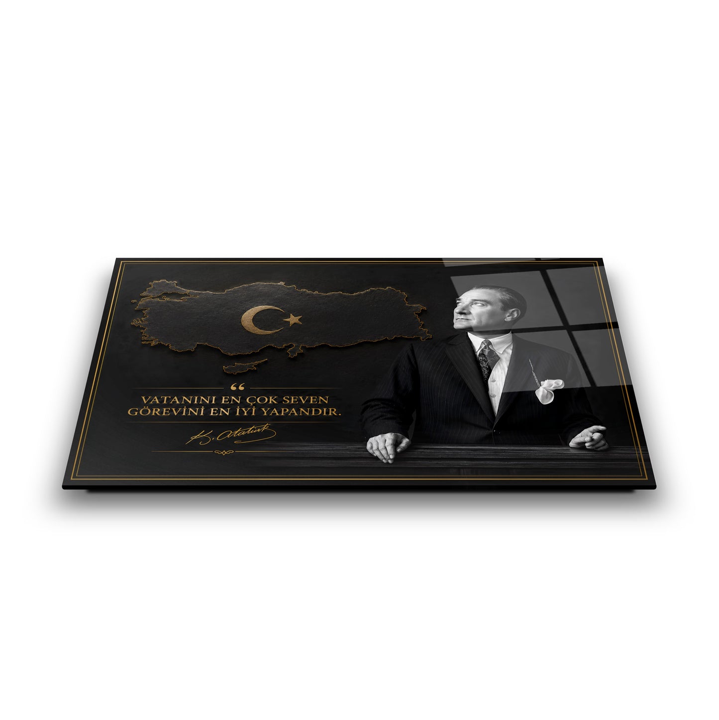 Atatürk Sözlü Siyah Türkiye Haritası Cam Tablo