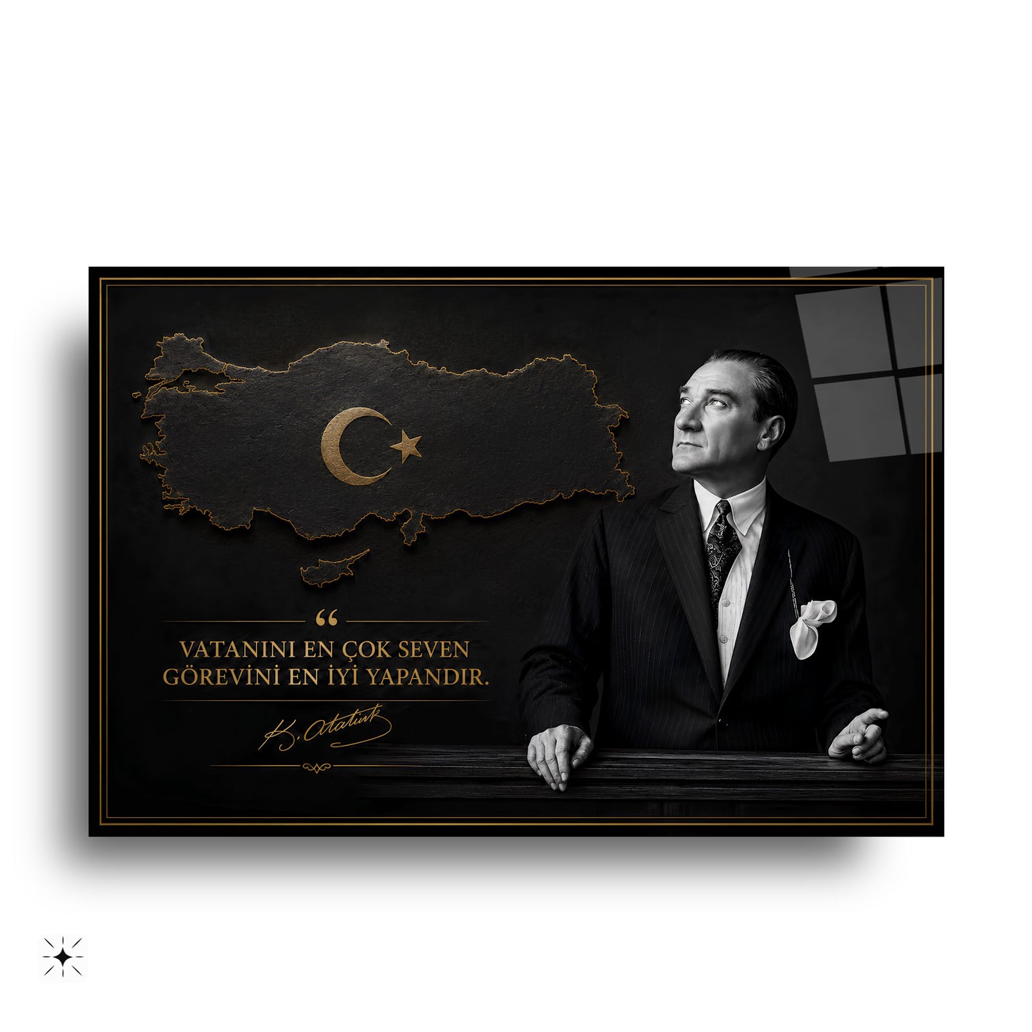 Atatürk Sözlü Siyah Türkiye Haritası Cam Tablo
