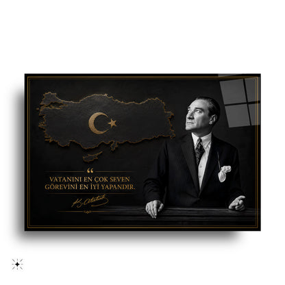 Atatürk Sözlü Siyah Türkiye Haritası Cam Tablo