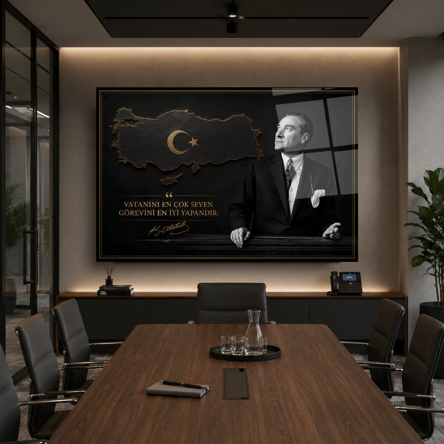 Atatürk Sözlü Siyah Türkiye Haritası Cam Tablo