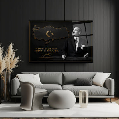 Atatürk Sözlü Siyah Türkiye Haritası Cam Tablo