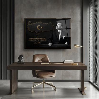 Atatürk Sözlü Siyah Türkiye Haritası Cam Tablo