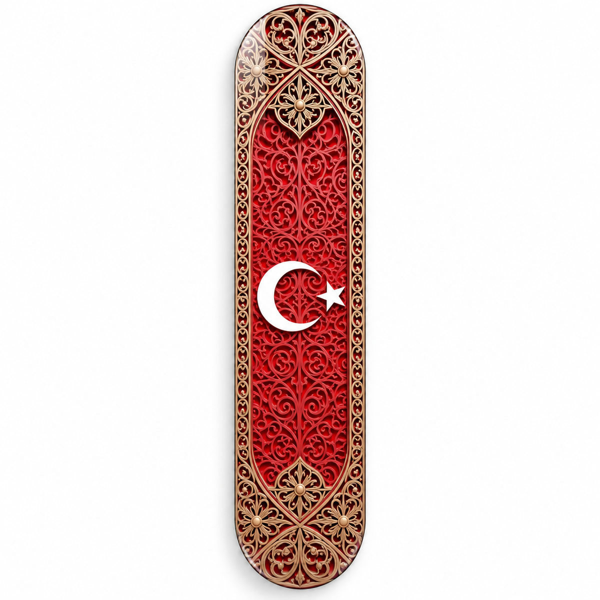 Kırmızı Altın Tezhipli Ay Yıldız Dikey Skate Board Cam Tablo – Beyaz vitrin