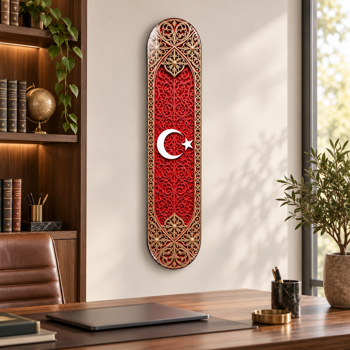 Kırmızı Altın Tezhipli Ay Yıldız Dikey Skate Board Cam Tablo – Çalışma odası