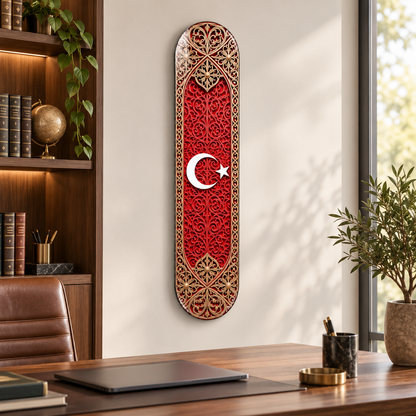 Kırmızı Altın Tezhipli Ay Yıldız Dikey Skate Board Cam Tablo – Çalışma odası