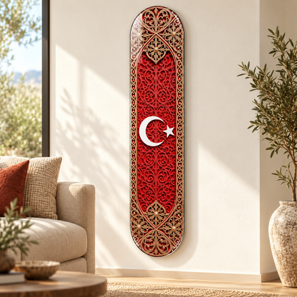 Kırmızı Altın Tezhipli Ay Yıldız Dikey Skate Board Cam Tablo – Salon