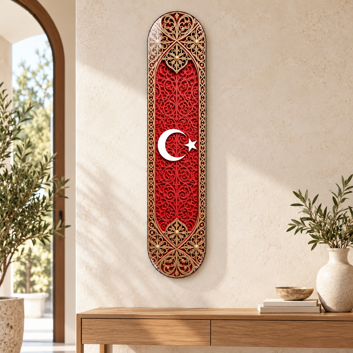 Kırmızı Altın Tezhipli Ay Yıldız Dikey Skate Board Cam Tablo – Antre