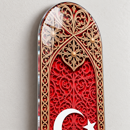 Kırmızı Altın Tezhipli Ay Yıldız Dikey Skate Board Cam Tablo – 4 mm yuvarlatılmış kenar