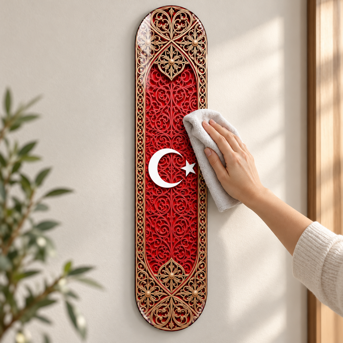Kırmızı Altın Tezhipli Ay Yıldız Dikey Skate Board Cam Tablo – Mikrofiber temizlik
