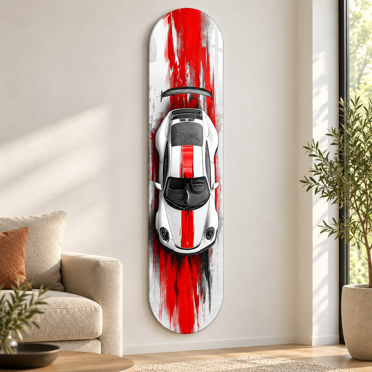 Kırmızı Fırça İzli Beyaz Spor Otomobil Dikey Skate Board Cam Tablo – Salon