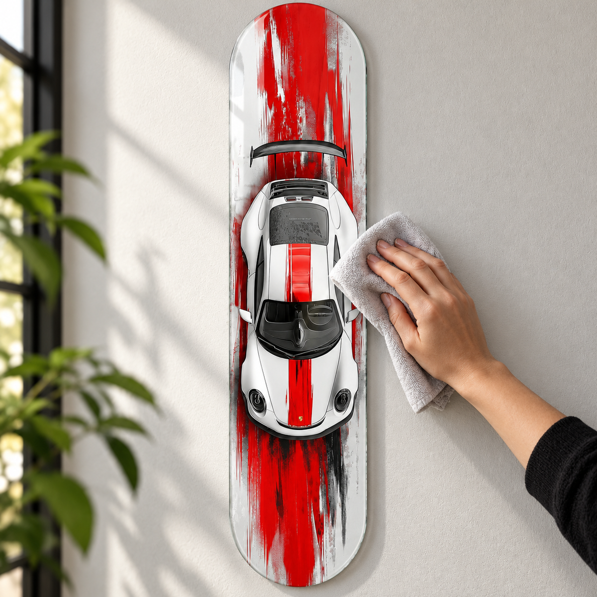 Kırmızı Fırça İzli Beyaz Spor Otomobil Dikey Skate Board Cam Tablo – Bakım