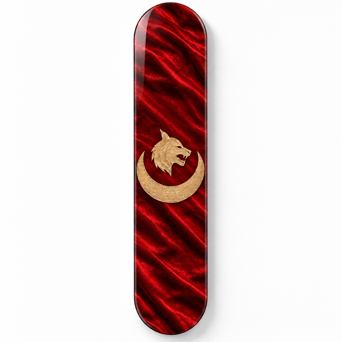 Kırmızı Saten Hilal ve Bozkurt Dikey Skate Board Cam Tablo – Beyaz fonda ön görünüm