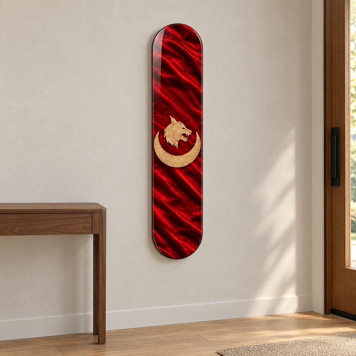 Kırmızı Saten Hilal ve Bozkurt Dikey Skate Board Cam Tablo – Antrede görünüm
