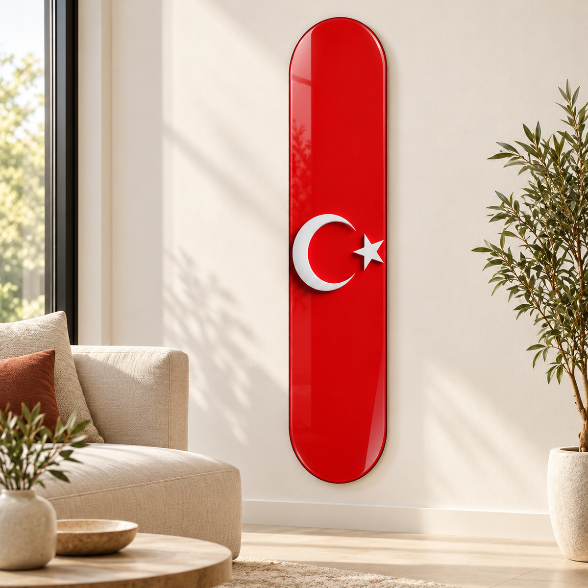 Kırmızı Zeminde Beyaz Ay Yıldız Dikey Skate Board Cam Tablo – Salon