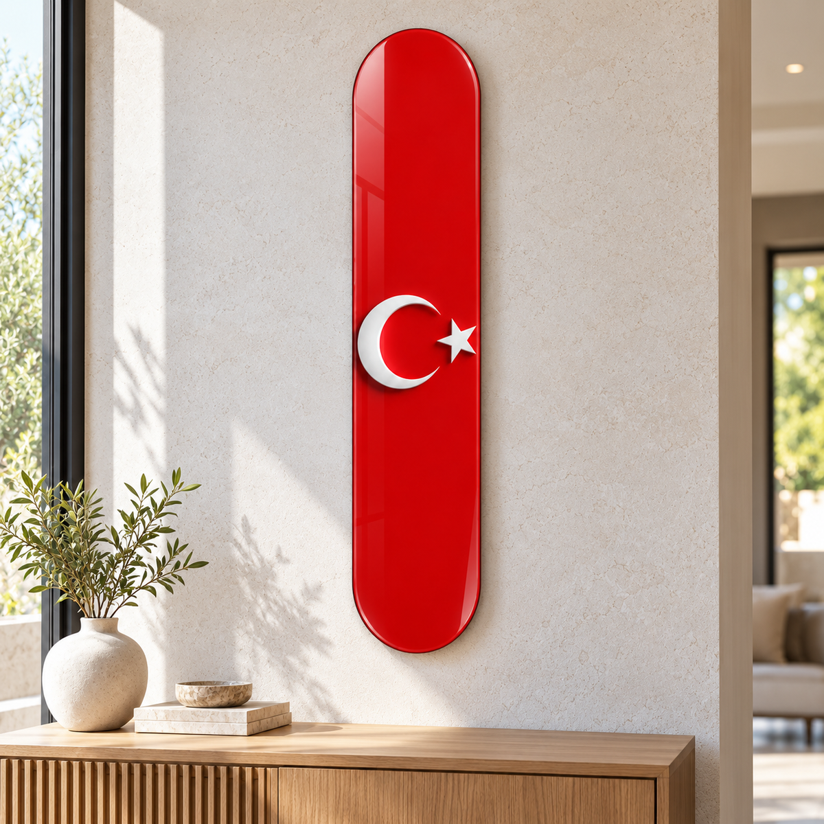 Kırmızı Zeminde Beyaz Ay Yıldız Dikey Skate Board Cam Tablo – Antre