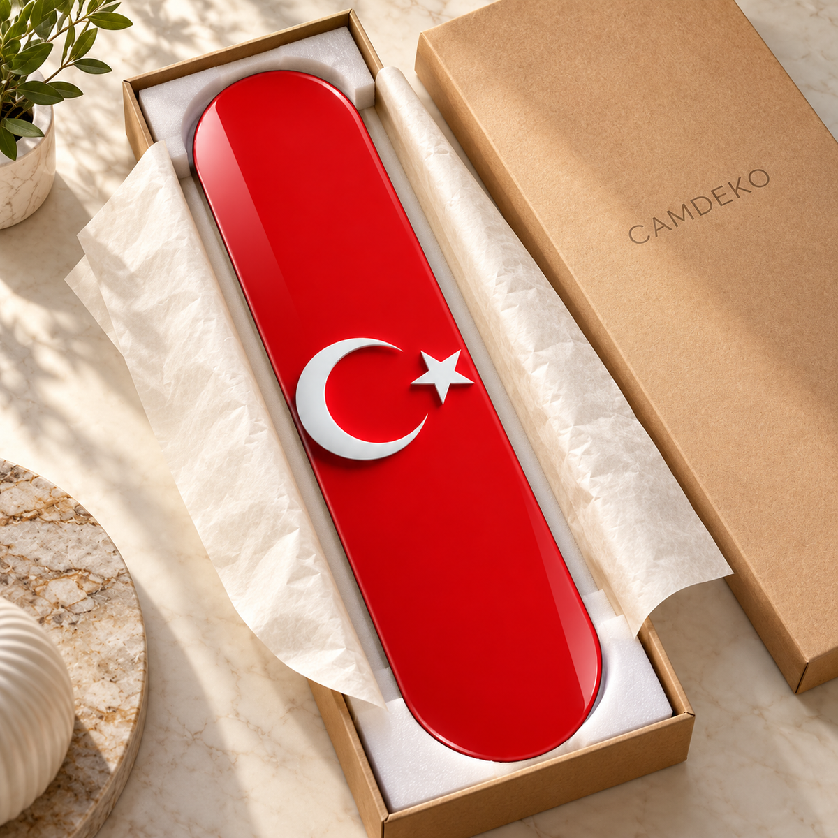 Kırmızı Zeminde Beyaz Ay Yıldız Dikey Skate Board Cam Tablo – CAMDEKO ambalajı