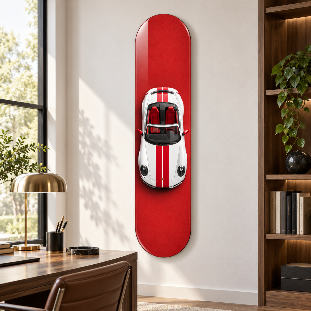 Kırmızı Zeminde Çift Şeritli Beyaz Spor Cabrio Dikey Skate Board Cam Tablo – Çalışma odası
