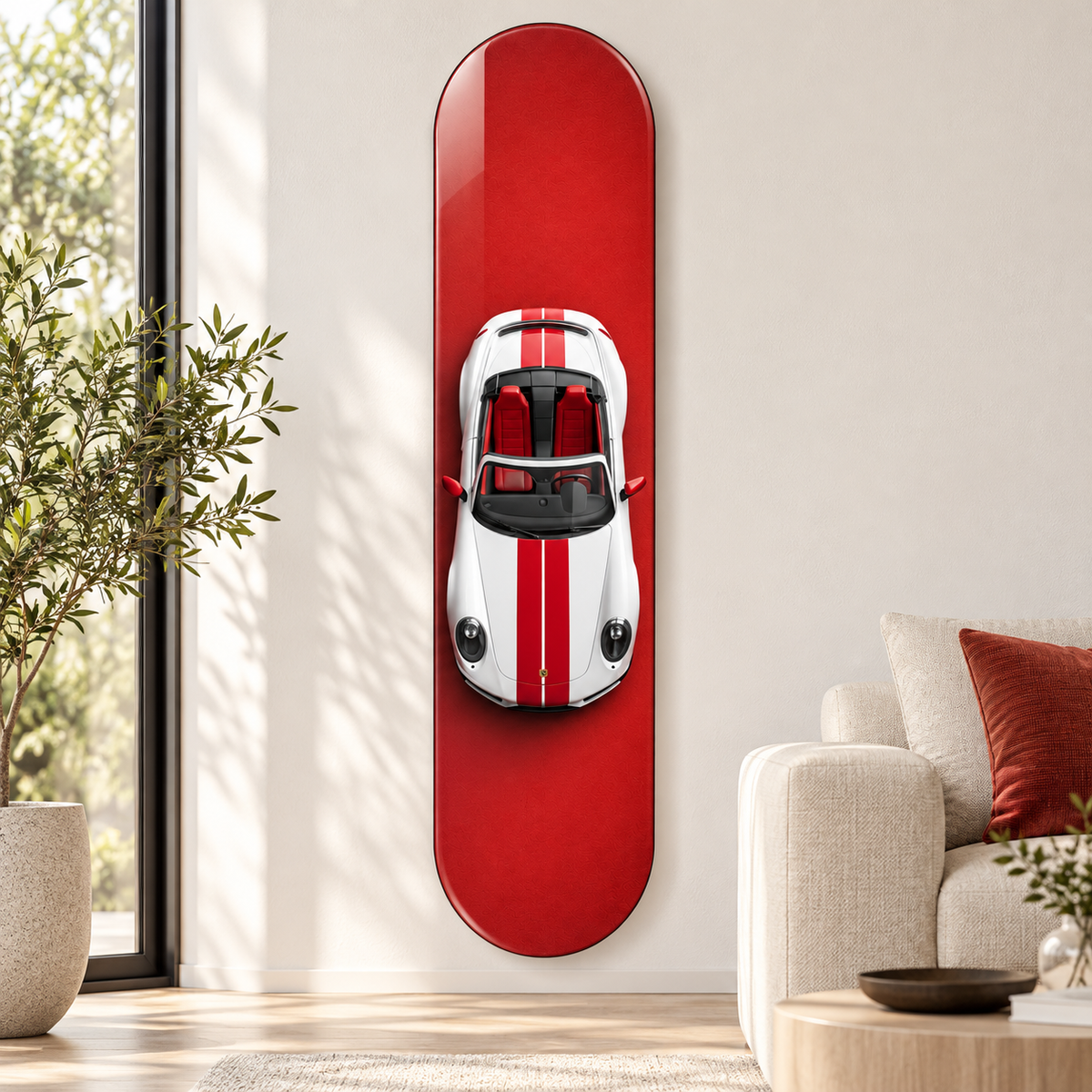 Kırmızı Zeminde Çift Şeritli Beyaz Spor Cabrio Dikey Skate Board Cam Tablo – Salon