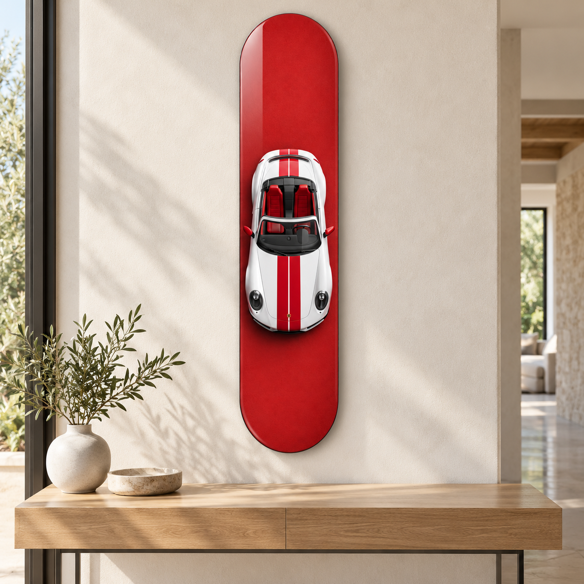 Kırmızı Zeminde Çift Şeritli Beyaz Spor Cabrio Dikey Skate Board Cam Tablo – Konsol