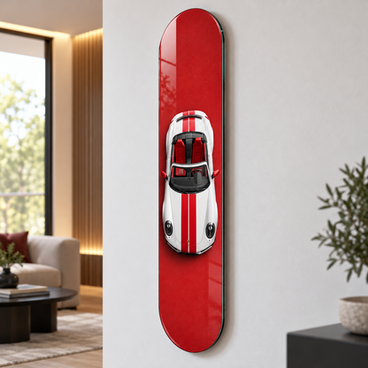 Kırmızı Zeminde Çift Şeritli Beyaz Spor Cabrio Dikey Skate Board Cam Tablo – Açılı görünüm