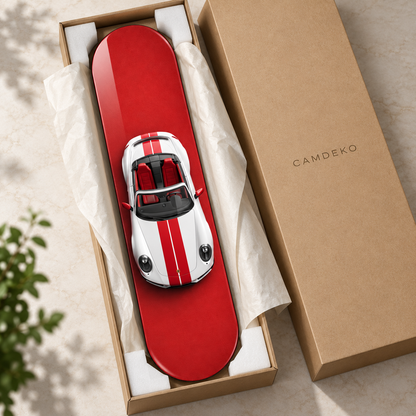Kırmızı Zeminde Çift Şeritli Beyaz Spor Cabrio Dikey Skate Board Cam Tablo – Kutulama