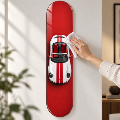 Kırmızı Zeminde Çift Şeritli Beyaz Spor Cabrio Dikey Skate Board Cam Tablo – Bakım
